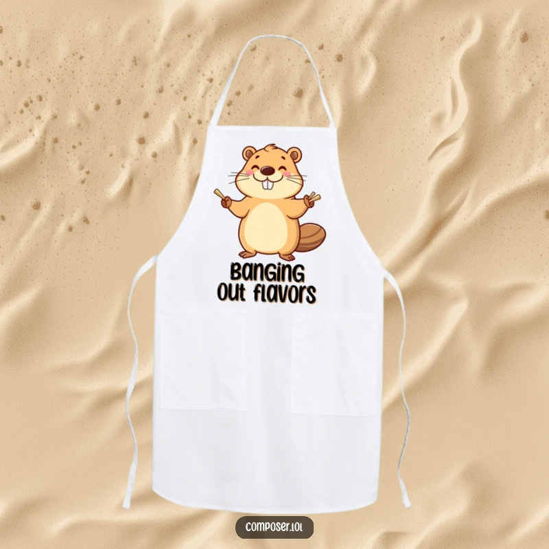 Funny Beaver Chef Apron: Smiling beaver enthusiastically banging cymbals with a happy flourish, functional and humorous kitchen wear