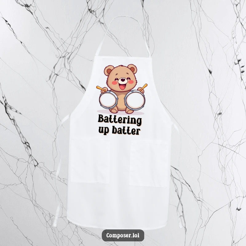 Funny apron depicting a bear cub with a huge smile, banging on oversized cymbals, adding a musical flair to cooking.