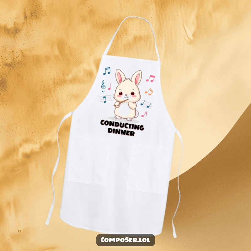 Funny bunny conductor apron, ready to mix ingredients with musical enthusiasm. A hilarious kitchen gift.