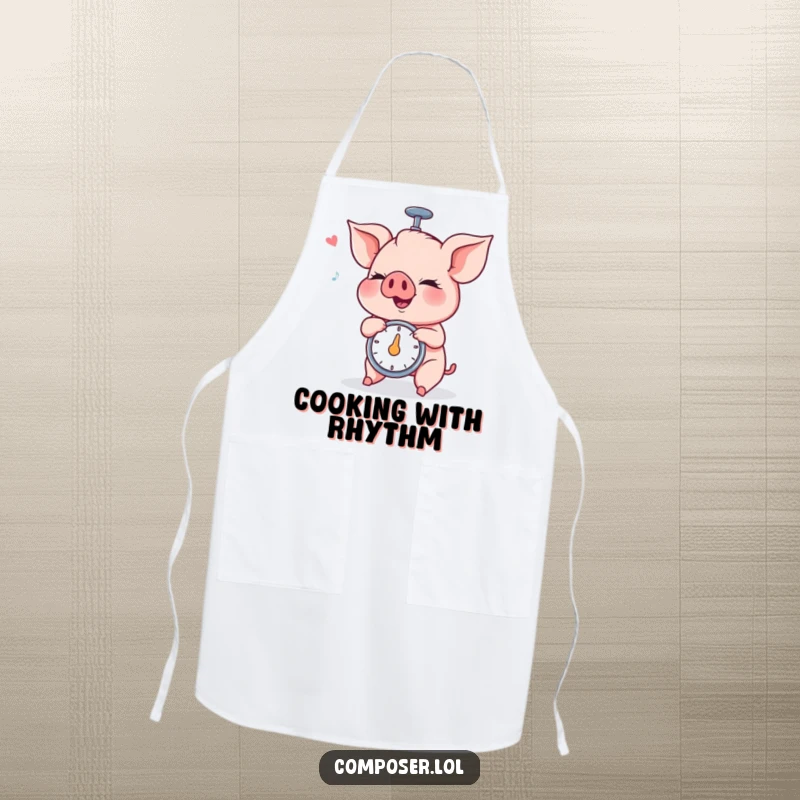 Funny Piglet Metronome Apron: a piglet spins a metronome with intense focus while cooking, a humorous kitchen gift.