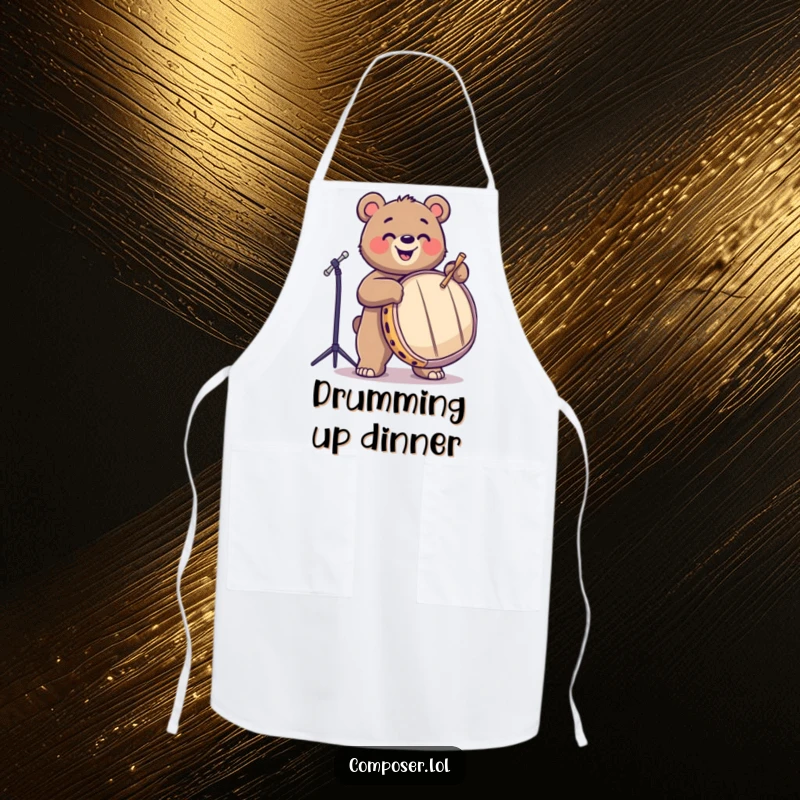 Funny bear joyfully drumming on a large drum while wearing an apron. Ideal for chefs and musicians.