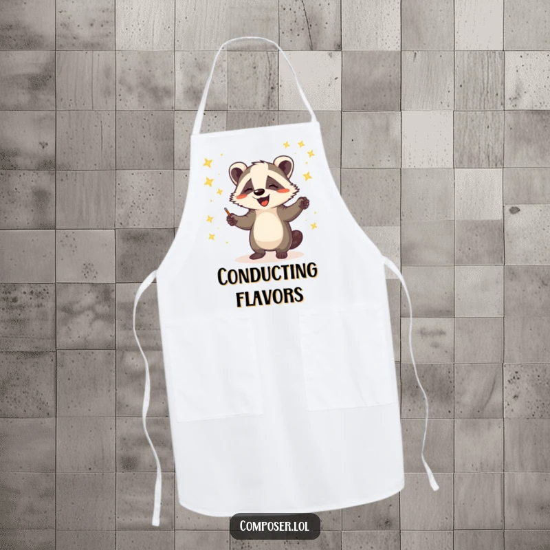 Funny apron showing a happy badger chef conducting a glowing orchestra of fireflies, ready to whip up some culinary magic.