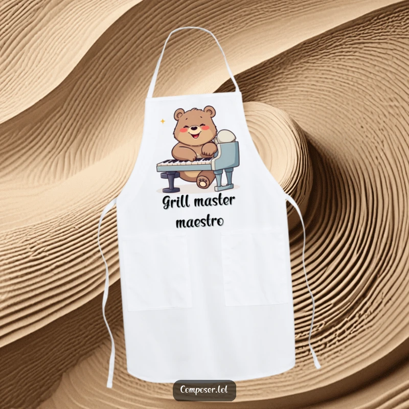 Funny bear composer apron, showing a bear playfully playing a piano, perfect for chefs who love music.