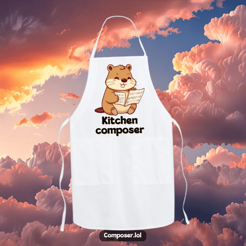 Funny beaver composer apron, showing a determined beaver arranging sheet music, perfect for the cook who values precision.