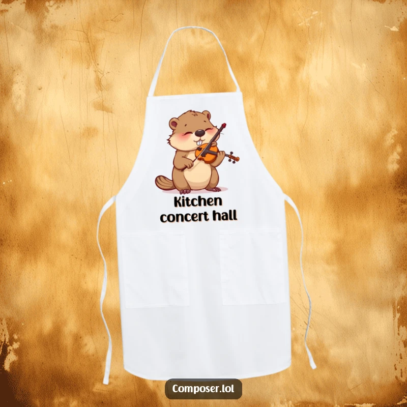 Funny apron showcasing a busy beaver meticulously tuning a violin, ideal for cooking with focus.