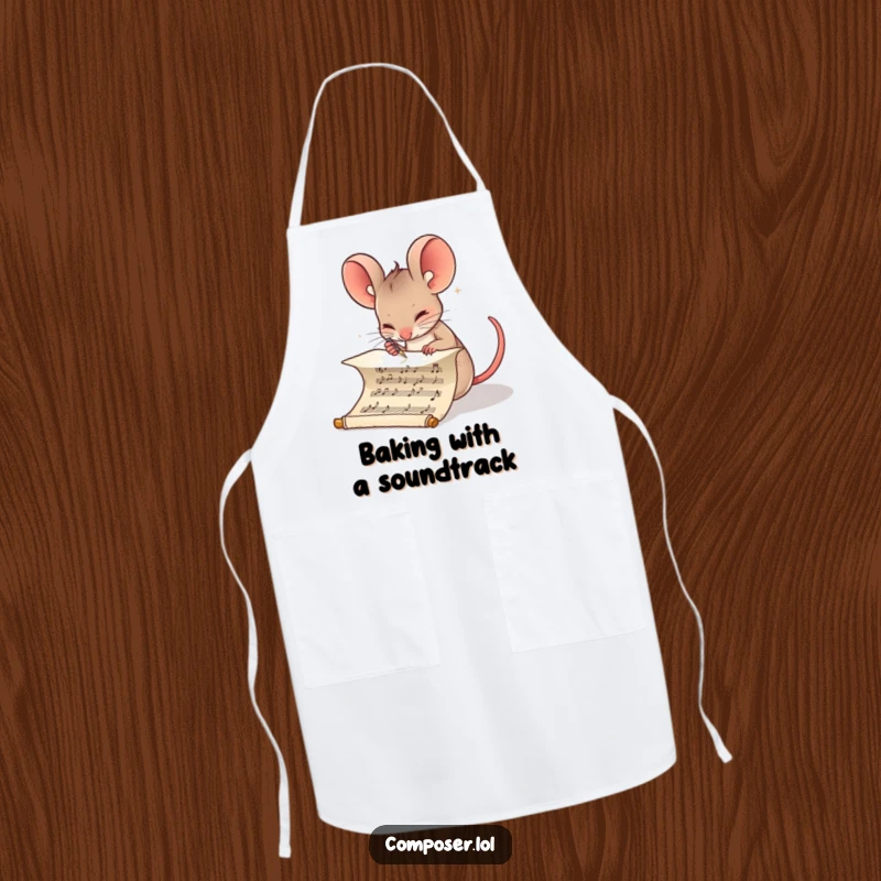 Funny Composer Mouse Chef Apron: Determined mouse writing musical notes on a scroll, functional and humorous kitchen wear