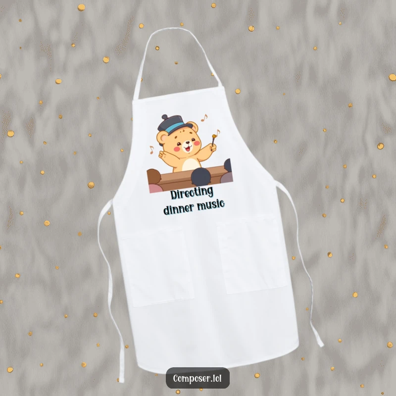 Funny Apron with a happy cartoon bear cub in a smart hat, conducting an invisible orchestra, great for cooking.