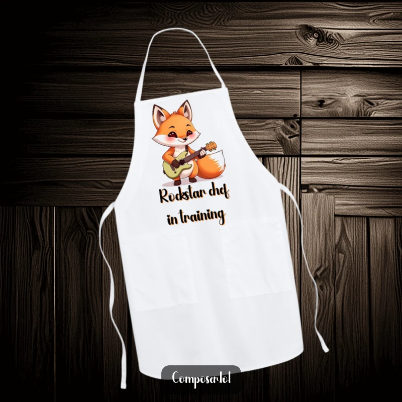 Funny, mischievous fox strumming a guitar while wearing an apron in the kitchen. Ideal for chefs and music lovers.