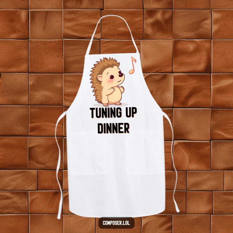 Funny Apron: A curious hedgehog intently listening to a large musical note, ideal for keeping clean and adding humor to cooking.