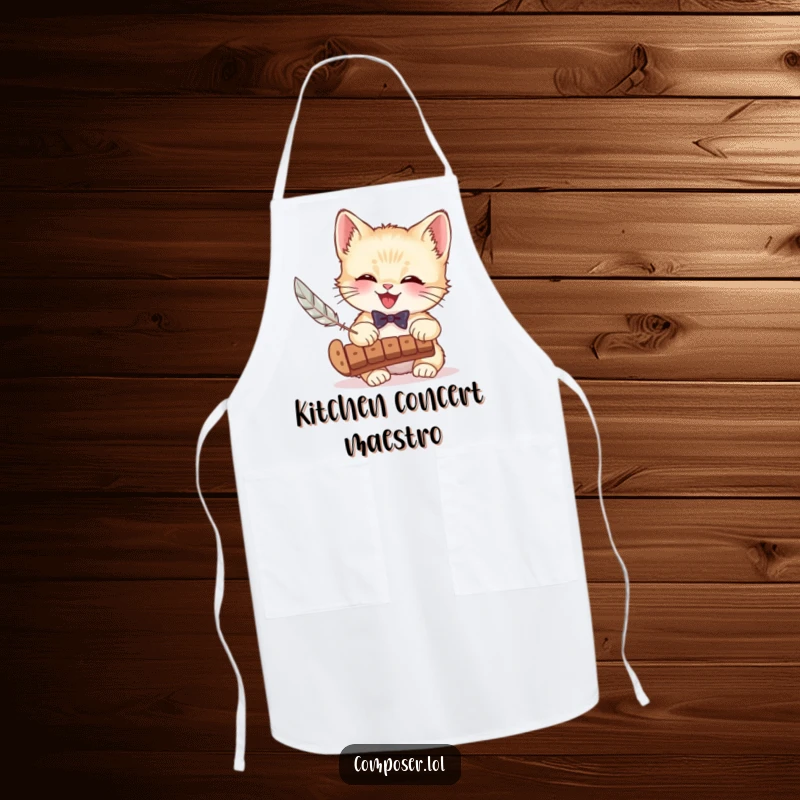 Funny apron with a giggling kitten in a bow tie playing a xylophone with a feather, bringing musical joy to the kitchen.