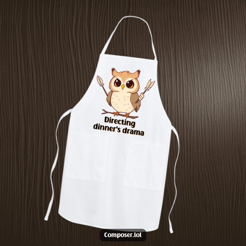 Funny owl apron showing a curious owl conducting with a feather baton, a humorous kitchen accessory.