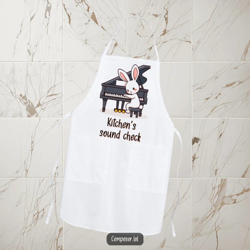 Funny apron depicting a playful rabbit with big ears tapping the keys of a grand piano, ready for the kitchen.
