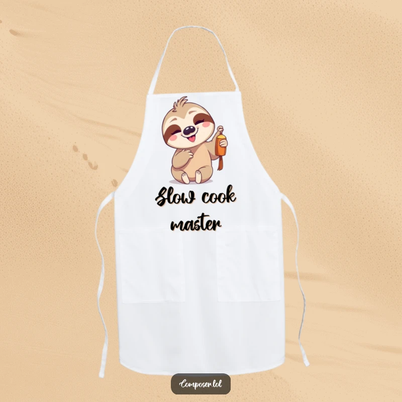 Funny sloth character gently tapping a single chime on a practical apron, bringing slow-paced fun to cooking.