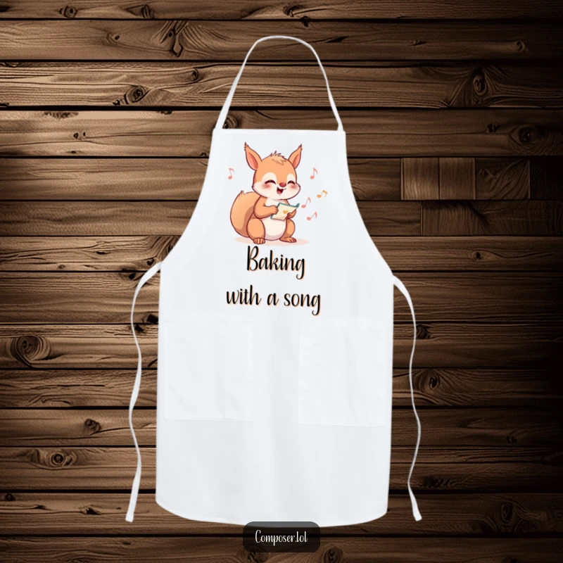 Funny Squirrel Composer Apron, showing a happy squirrel giggling while writing musical notes with a pen.