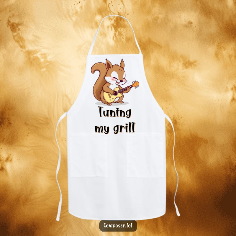 Funny apron showing a determined cartoon squirrel meticulously tuning a miniature guitar with focused joy, ideal for the passionate and musical cook.