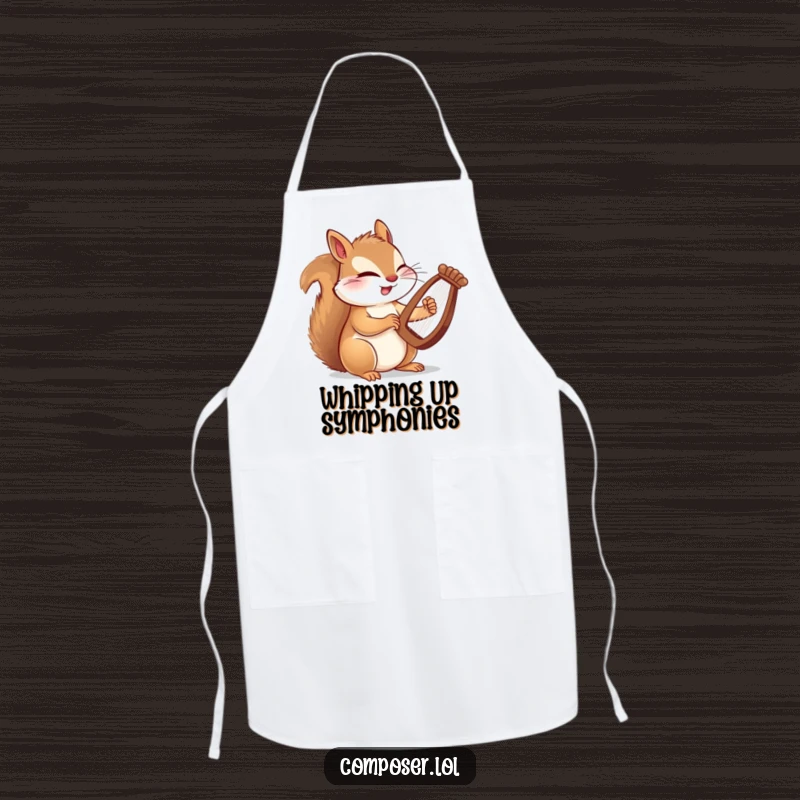 Funny apron showing a winking squirrel composer intensely playing a tiny harp with astonishing speed, a humorous kitchen accessory.