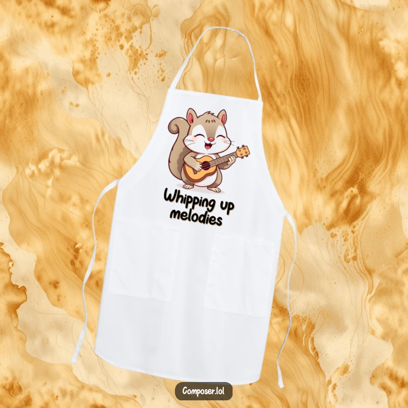 Funny apron showing a happy squirrel musician energetically strumming a tiny ukulele, ready to whip up some delicious meals.