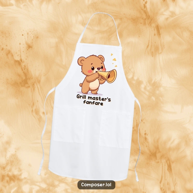 Funny apron with a proud bear cub blowing a triumphant fanfare on a ridiculously large trumpet, bringing musical fun to cooking.