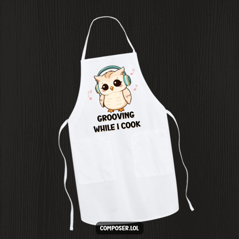 Funny Owl DJ Apron: a cute owl wears headphones and nods to music while in the kitchen, a humorous cooking gift.