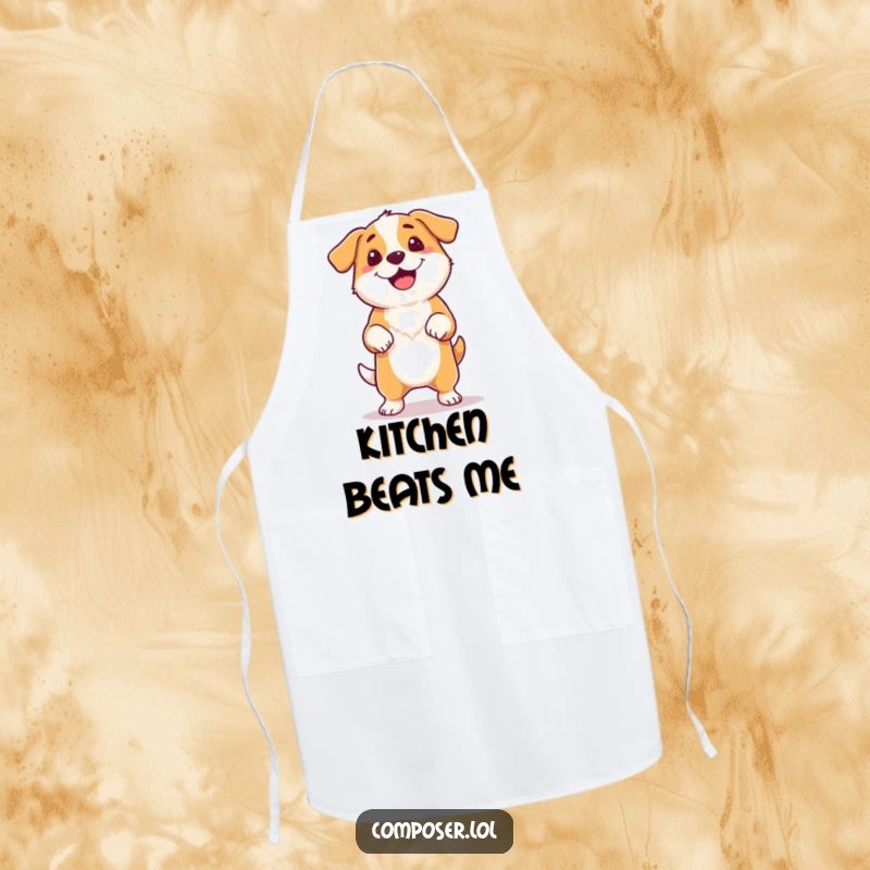 Funny proud dog tapping its foot rhythmically, tail wagging, wearing an apron for cooking.
