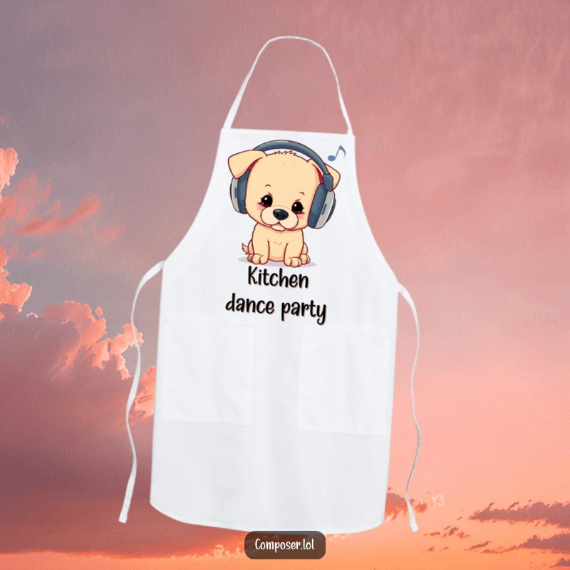 Funny apron with a curious puppy wearing oversized headphones, bopping its head to unheard melodies, bringing musical fun to cooking.