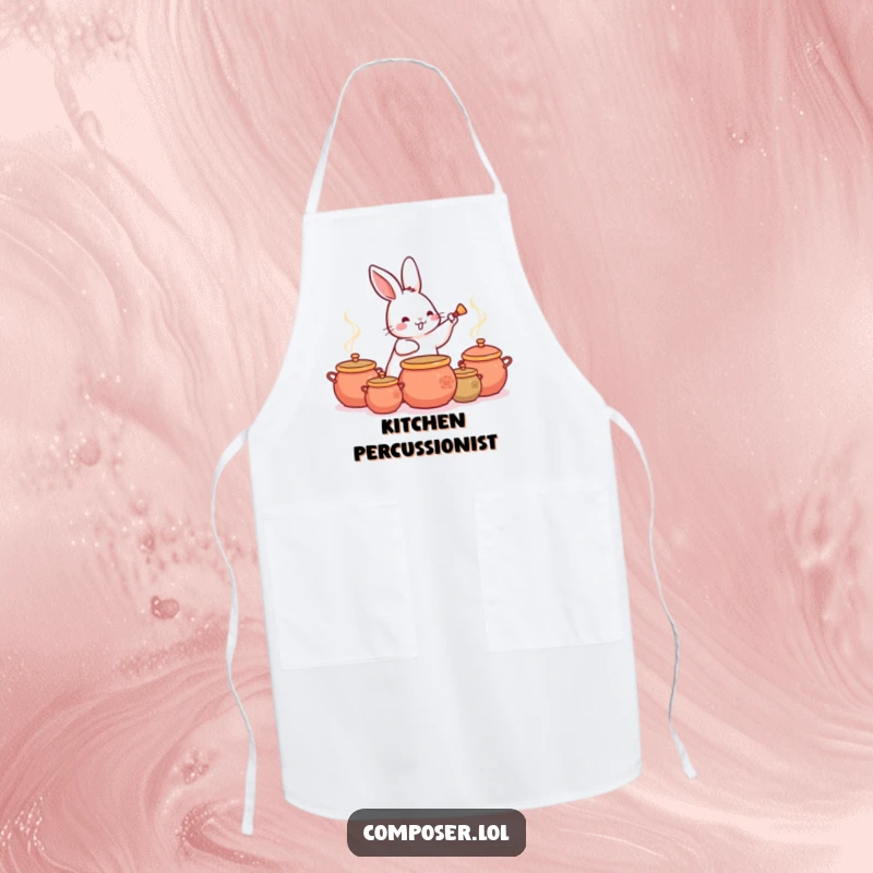 Funny Rabbit Drummer Apron, showing a happy rabbit enthusiastically tapping a beat on a set of pots.