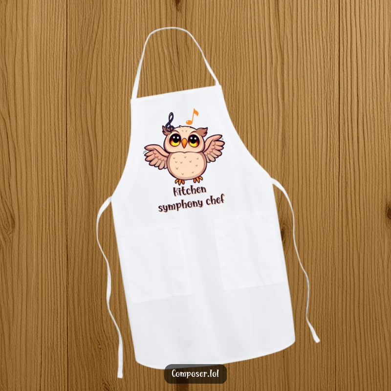 Funny cartoon owl looking up at a glowing musical staff on a kitchen apron, bringing musical inspiration to cooking.