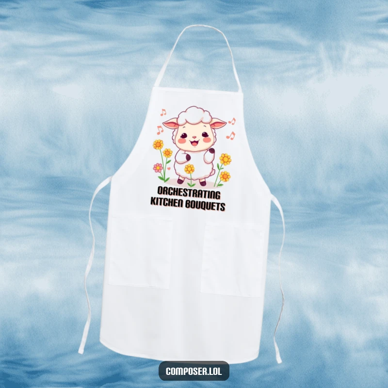 Funny sheep apron showing a cheerful sheep conducting flowers, a humorous and practical kitchen accessory for gardeners.