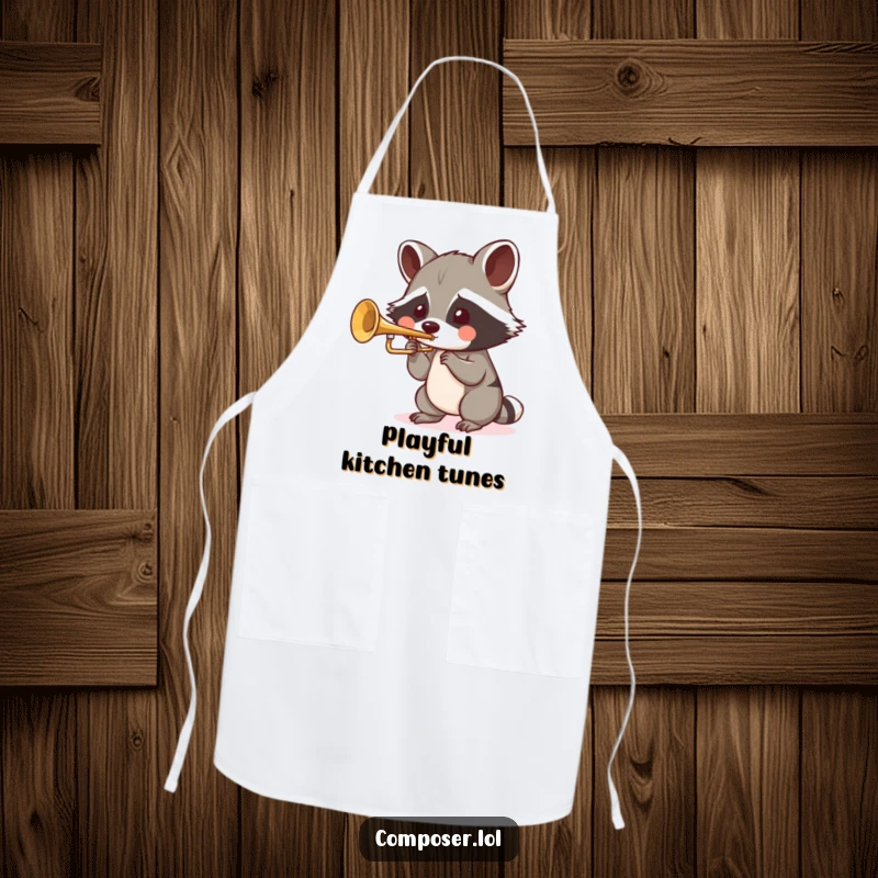 Funny Raccoon Jazz Apron: a playful raccoon blows into a tiny trumpet with puffed cheeks while cooking, humorous.