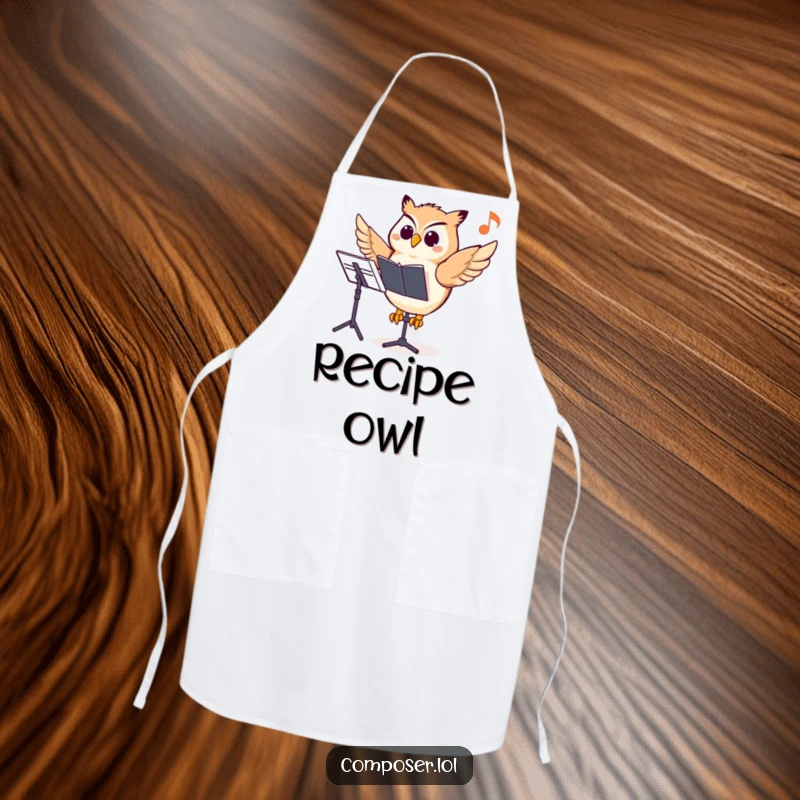 Funny owl composer apron, a wise owl pointing at a music note, perfect for chefs who love music and knowledge.