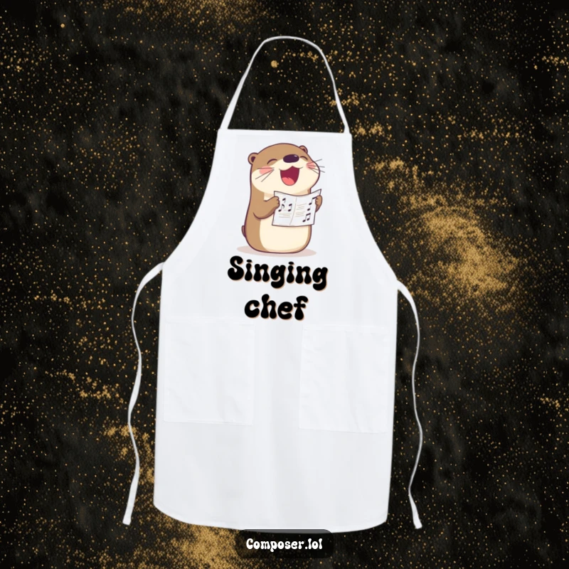 Funny otter singer apron, a happy otter singing loudly with sheet music in its beak, perfect for the cook who loves music.
