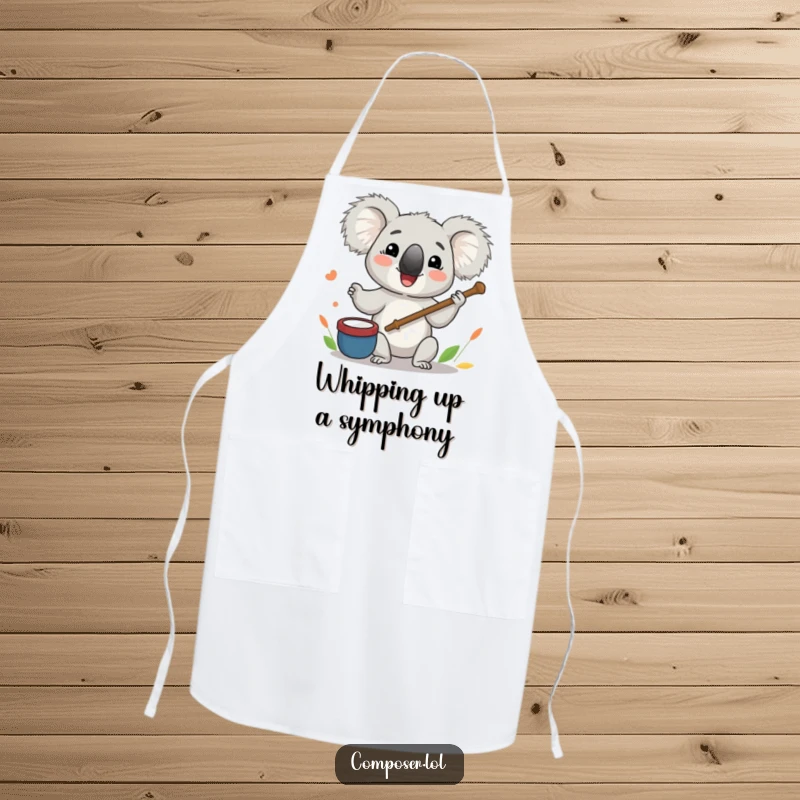Funny Koala Apron: A koala energetically conducts an orchestra with a twig baton while cooking, a musical kitchen delight.