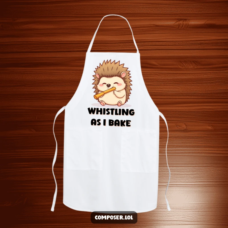 Funny hedgehog apron showing a giggling hedgehog blowing into a miniature flute, a humorous and practical kitchen accessory.