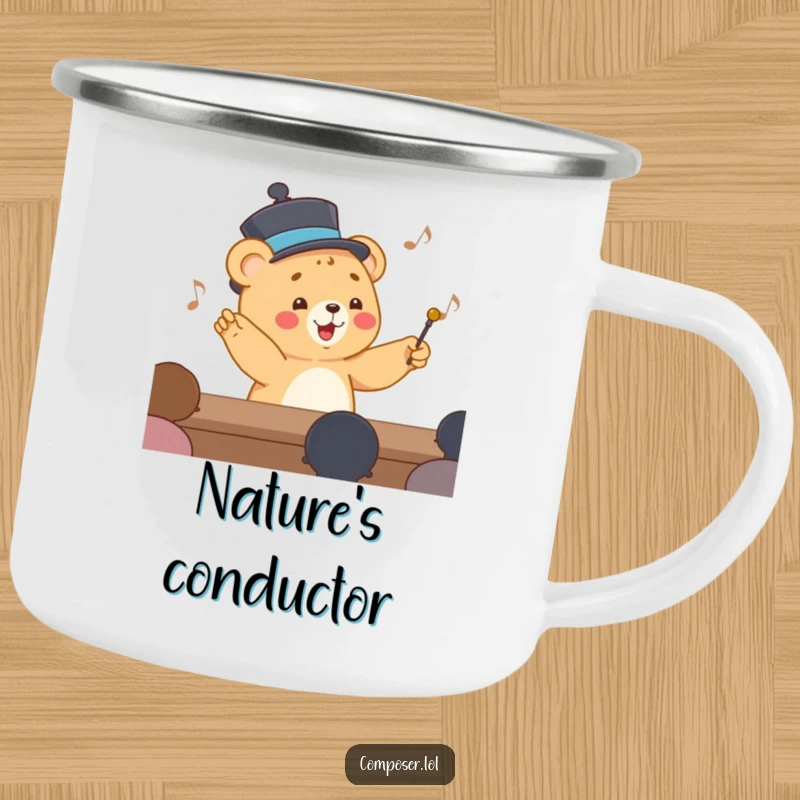 Funny Camping Mug of a happy cartoon bear cub in a smart hat, conducting an invisible orchestra, for outdoor use.