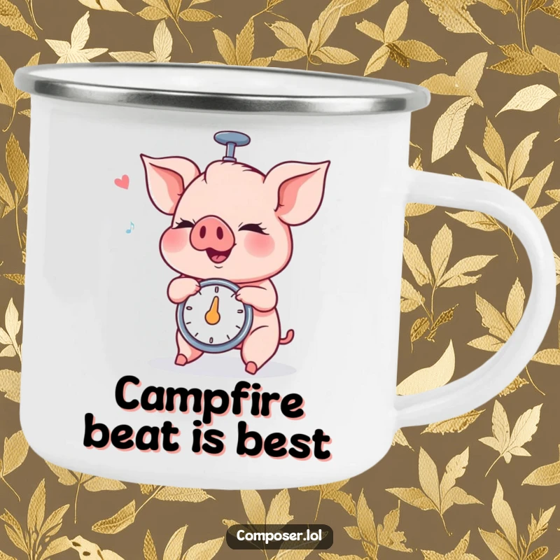 Funny Piglet Metronome Camping Mug: a piglet spins a metronome intensely, ideal for outdoor music enthusiasts.