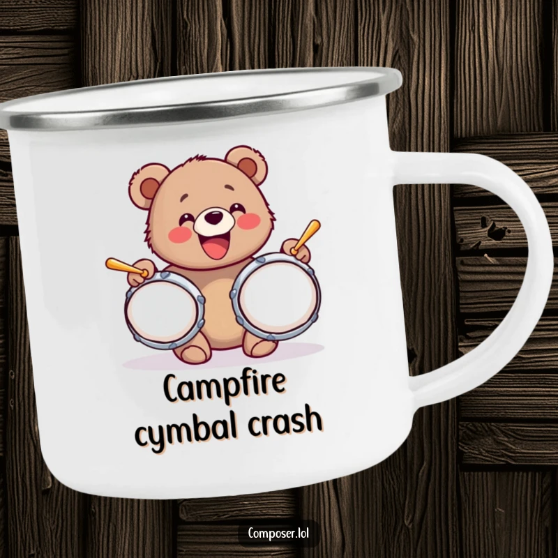 Funny camping mug featuring a bear cub with a wide grin, enthusiastically banging on oversized cymbals, perfect for outdoor fun.