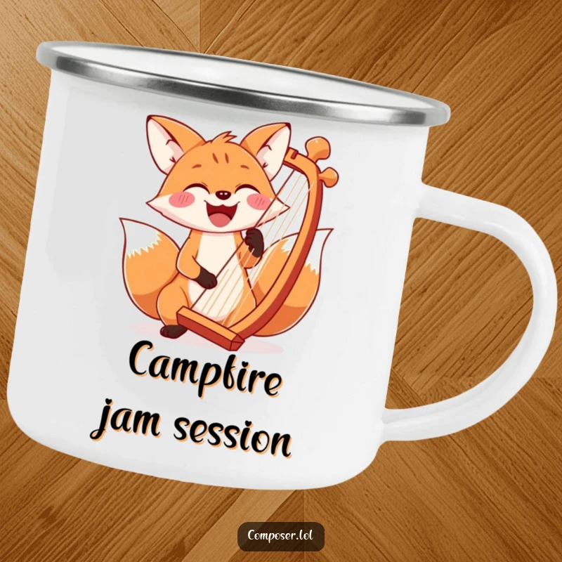 Funny, smiling fox playing a grand chord on an oversized harp, suitable for camping mugs.