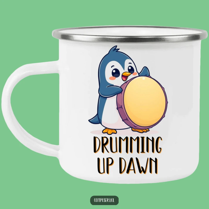 Funny Penguin Drummer Camping Mug: Durable and Hilarious Outdoor Percussion Gift