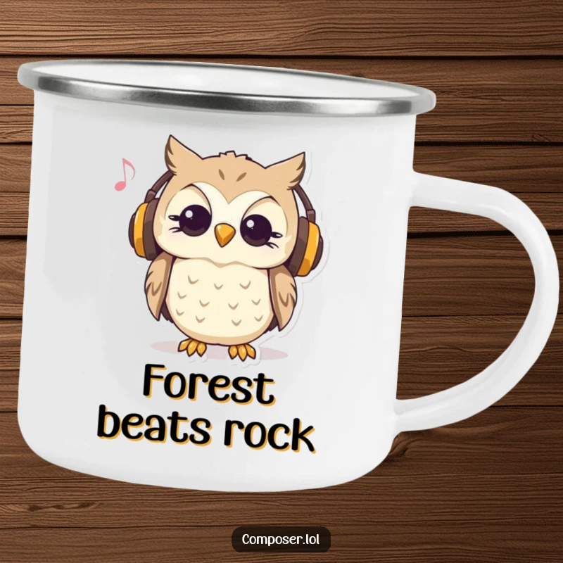 Funny, sturdy camping mug with a curious owl wearing headphones and nodding to music, ideal for outdoor enjoyment.