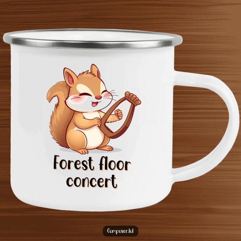 Funny camping mug showing a winking squirrel composer playing a tiny harp with quick paws, perfect for outdoor music appreciation.