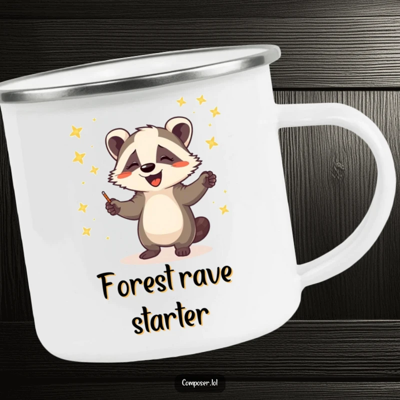 Funny camping mug featuring a happy badger maestro conducting a dazzling orchestra of fireflies under the starry night sky.