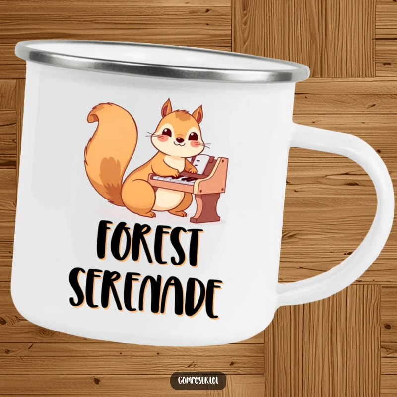 Funny Squirrel Camping Mug: Happy squirrel plays a tiny piano, perfect for outdoor adventures and musical enjoyment.