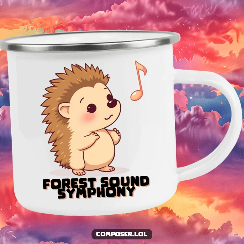 Funny Camping Mug: A curious hedgehog captivated by a musical note, ideal for sipping beverages during outdoor excursions with a smile.