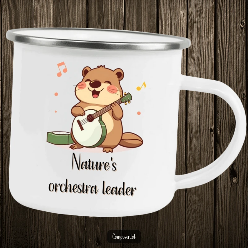 Funny camping mug showing a beaming beaver precisely arranging musical instruments with happy movements.