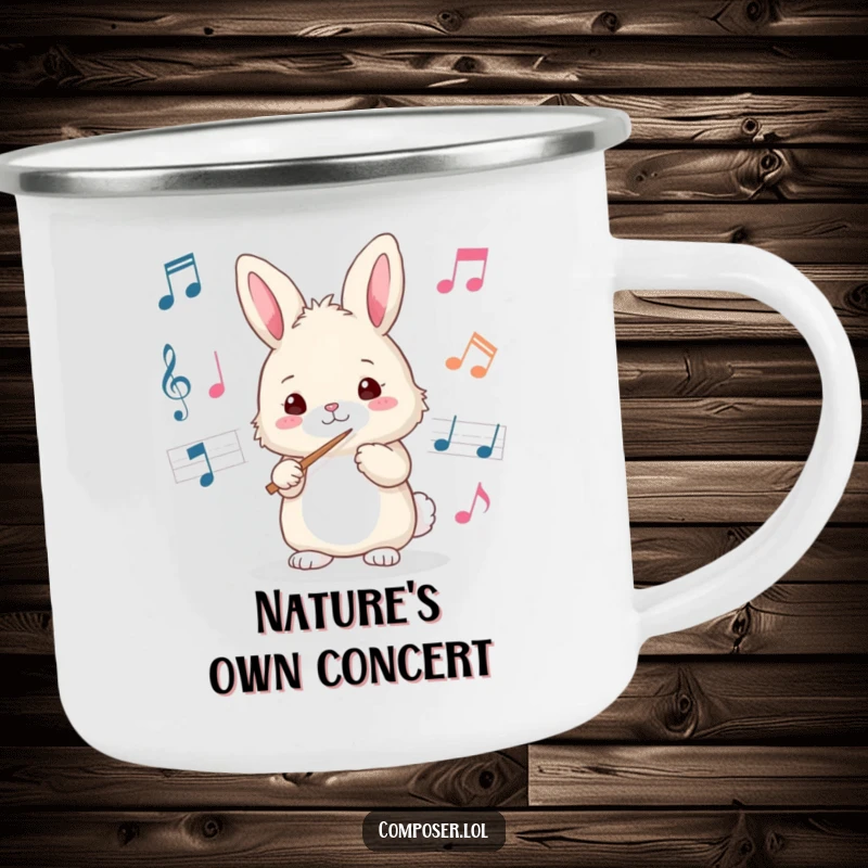 Funny bunny conductor camping mug, durable for adventures, inspiring musical joy. A rugged, funny gift.