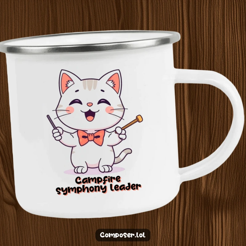 Funny camping mug featuring a happy cat wearing a tiny bow tie, enthusiastically conducting with a baton, perfect for campers.
