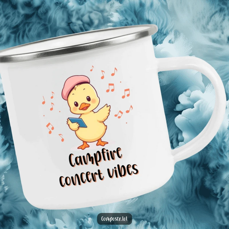 Funny camping mug featuring a duckling conductor leading musical notes, perfect for enjoying serenades outdoors.