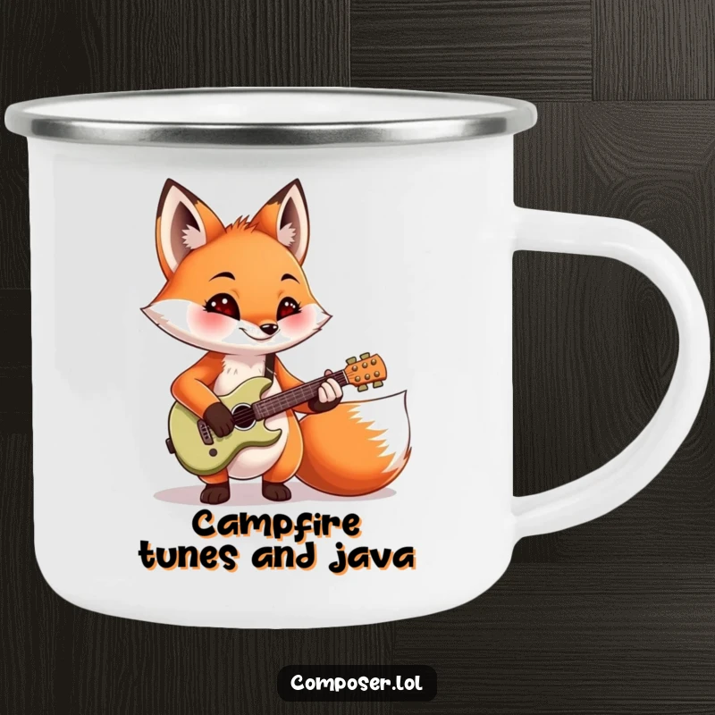 Funny, mischievous fox strumming a guitar on a durable enamel camping mug. Perfect for outdoor enthusiasts.