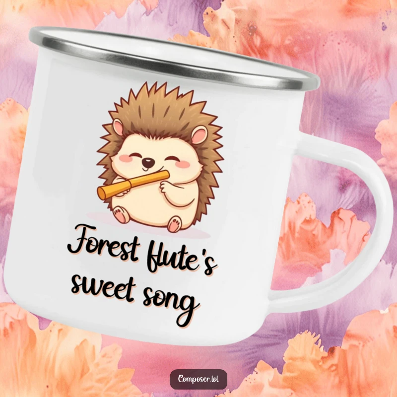 Funny hedgehog campfire mug with a giggling hedgehog playing a miniature flute, humorous and durable for outdoor adventures.