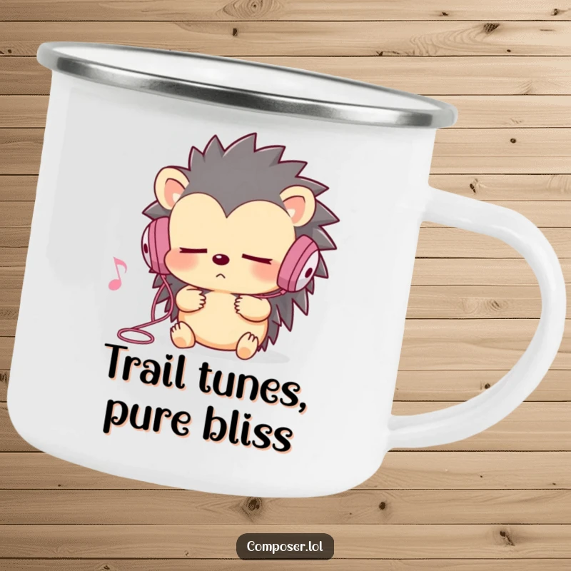 Funny hedgehog camping mug, listening to music with earbuds, eyes closed, outdoor adventure theme.